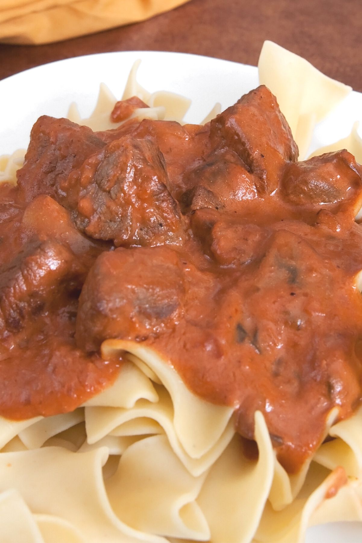 Closeup of Weight Watchers Beef Stroganoff on a white plate.
