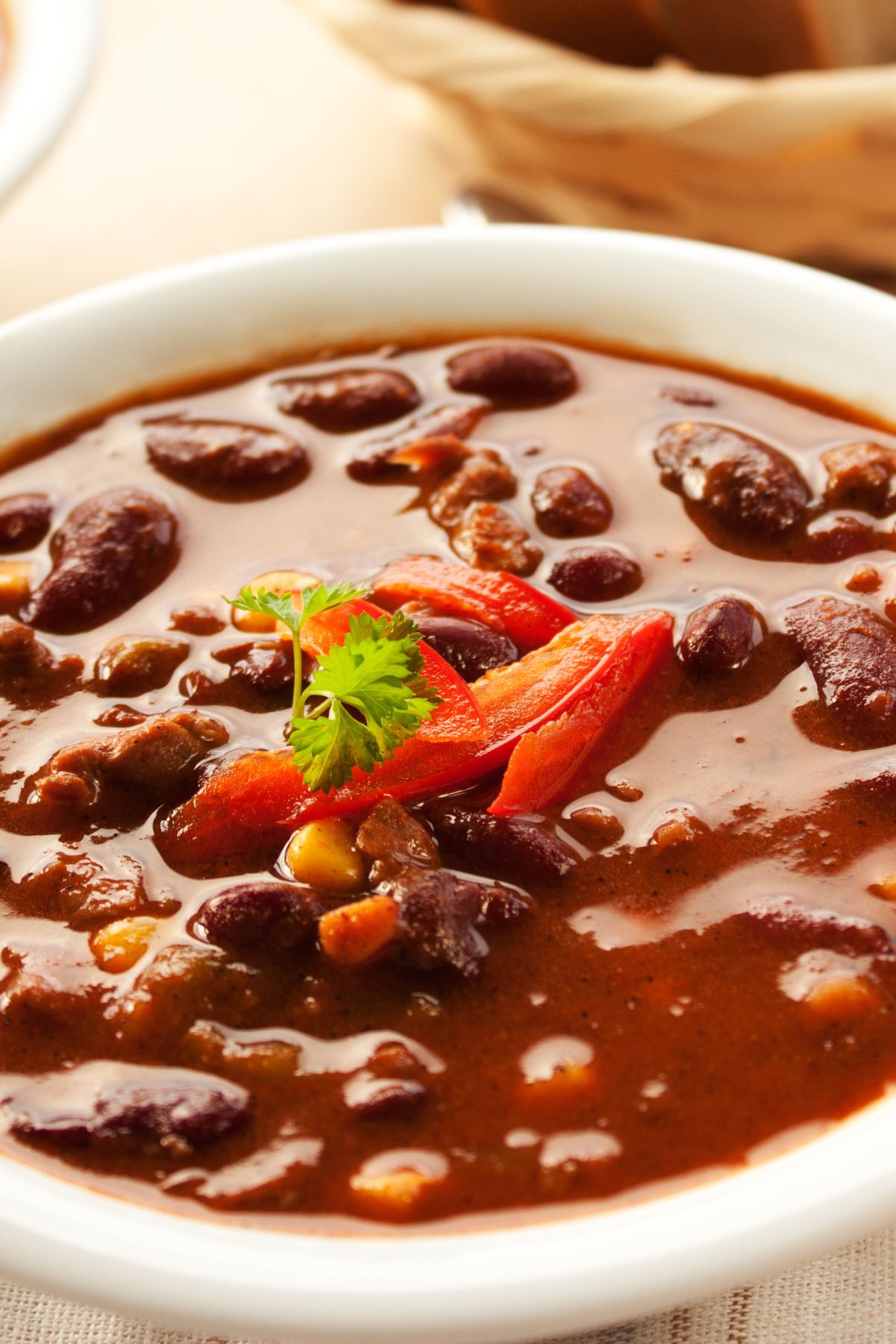 Closeup of Weight Watchers Mexican Mexican Taco Soup in a white bowl