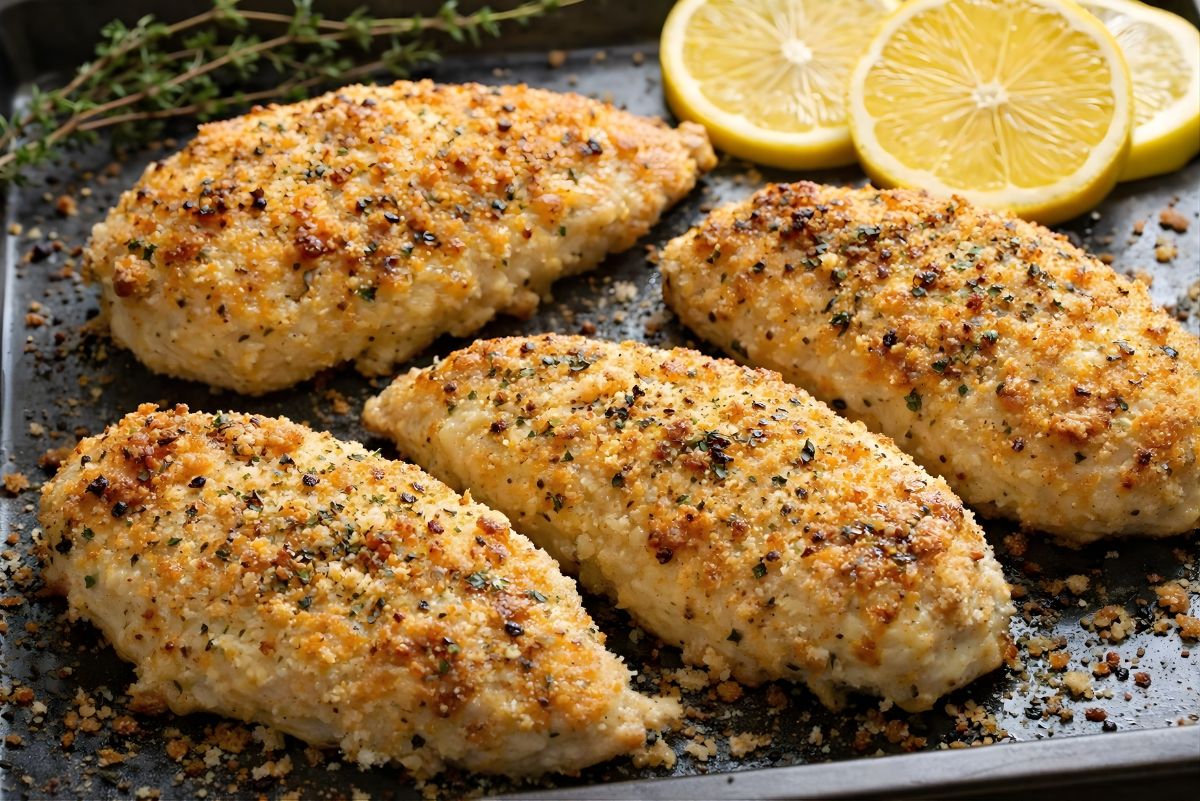 Four baked parmesan chicken breasts on a sheet pan with a crispy golden breadcrumb and parmesan crust, speckled with herbs and black pepper. Lemon slices and fresh thyme sit in the background, with toasted crumbs scattered around the pan.