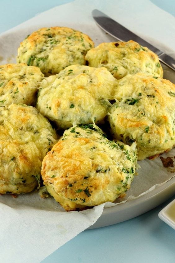 Weight Watchers Cheddar Bay Biscuits on a white plate.