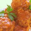 Closeup of Weight Watchers Sweet and Sour Turkey Meatballs on a bed of rice.