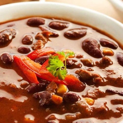 Taco soup in a white bowl