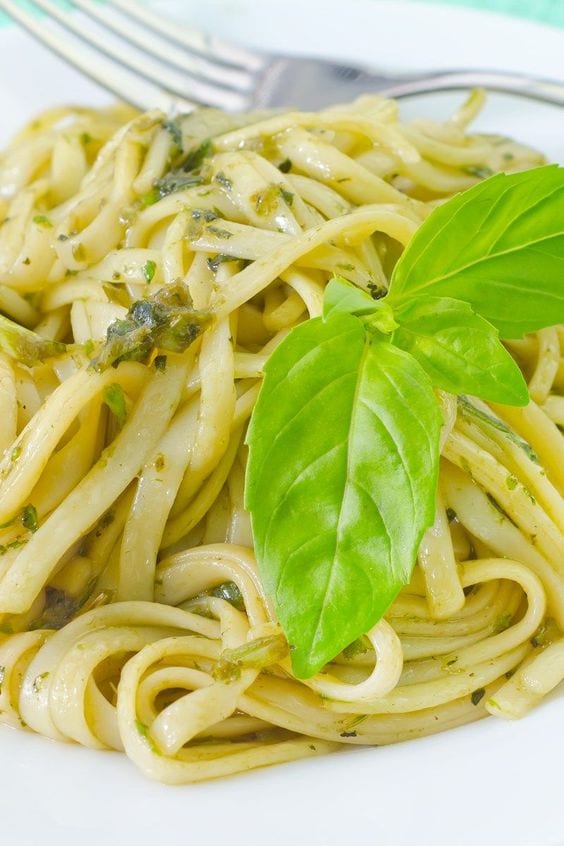 Linguine pasta with herbs on a plate