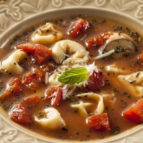 Tortellini Soup in a tan bowl