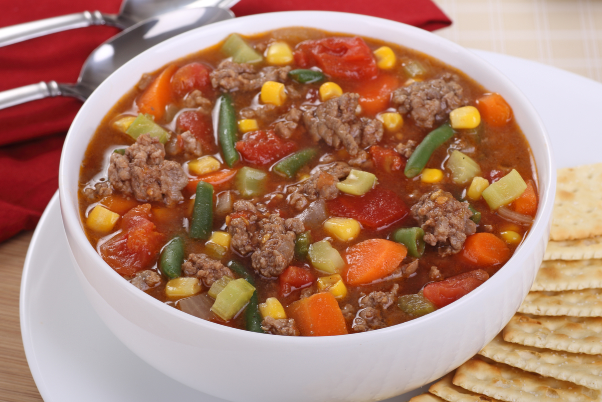 Weight Watchers Hamburger Vegetable Soup in a white bowl.