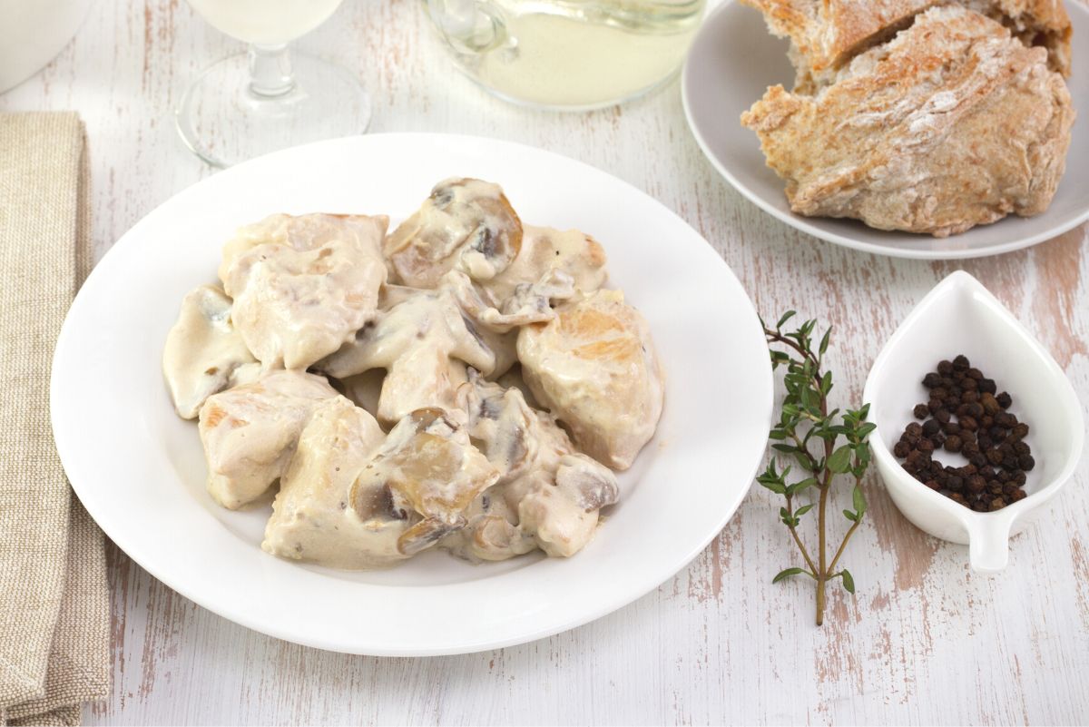 Weight Watchers Slow Cooker Chicken Stroganoff on a white plate.