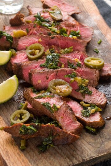 Weight Watchers Grilled Jalapeno Lime Steak on a cutting board.