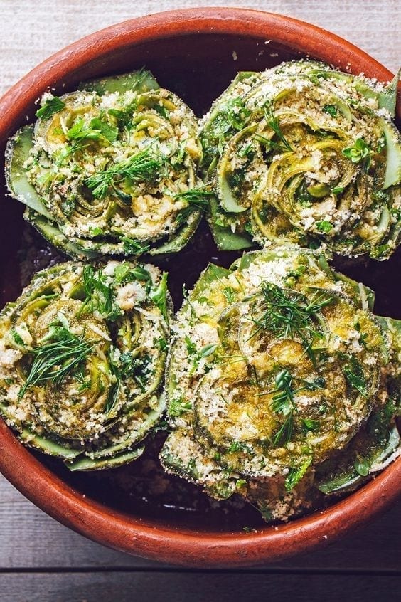 Weight Watchers Stuffed Artichokes in a red bowl.