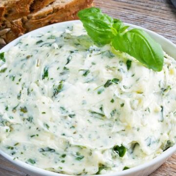 Closeup of Weight Watchers Basil Garlic Butter in a white bowl