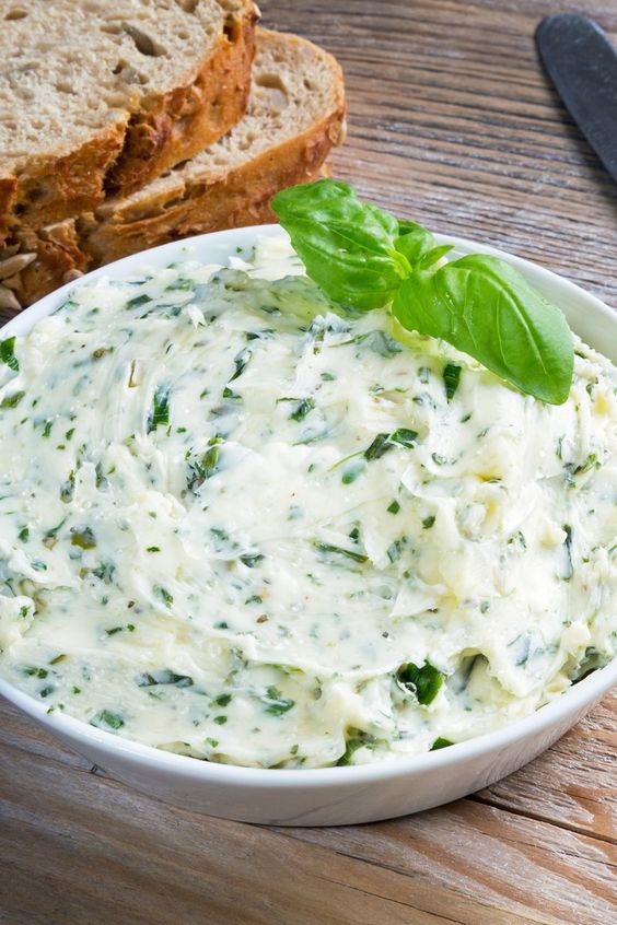 Closeup of Weight Watchers Basil Garlic Butter in a white bowl