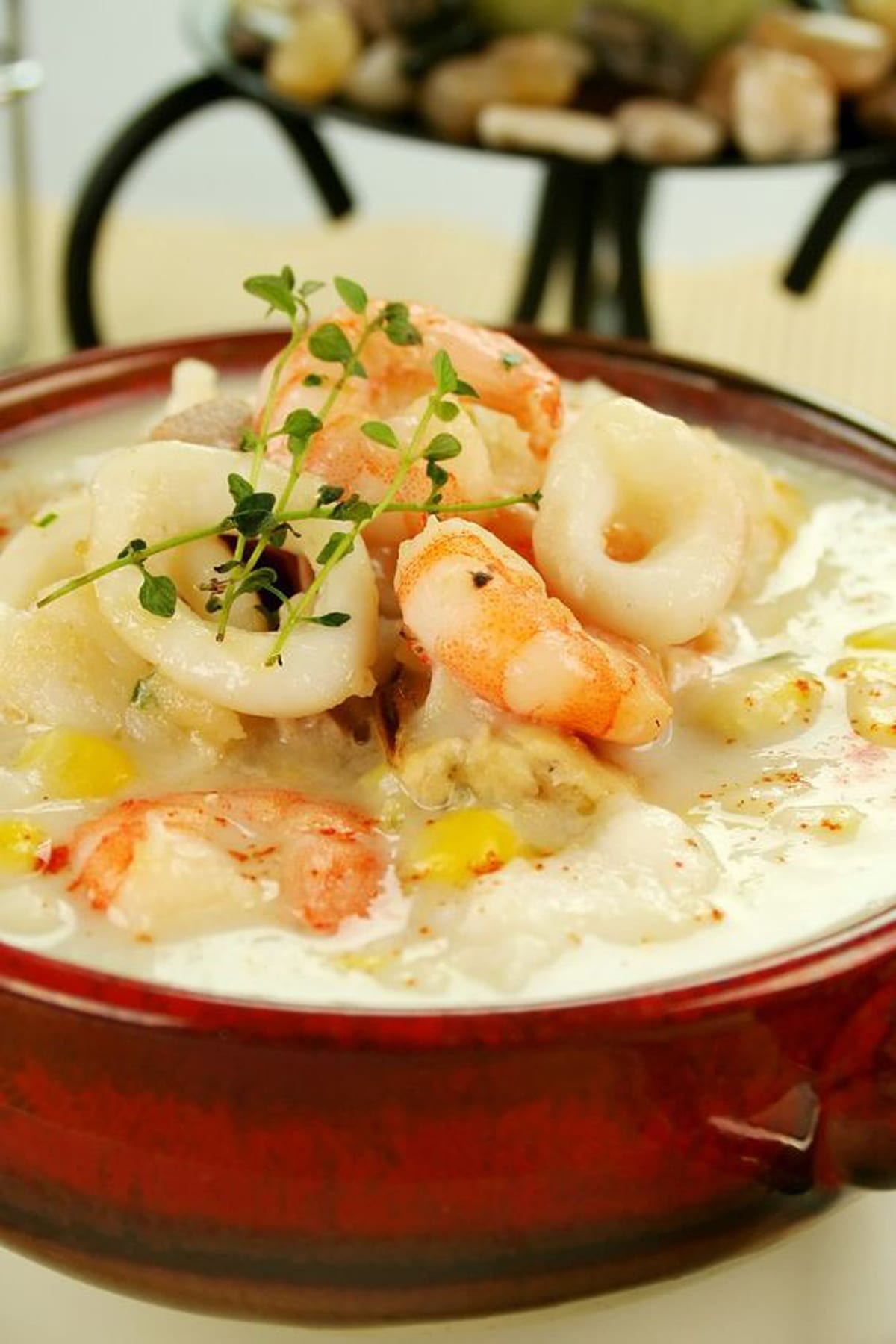 Weight Watchers Seafood Chowder in a brown bowl.