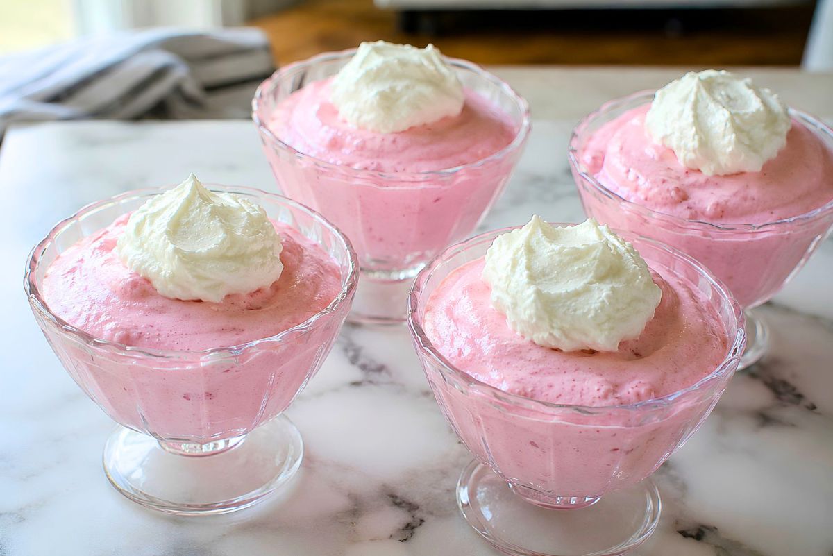 Four glass dessert cups filled with creamy pink cherry yogurt Jello fluff, each topped with whipped cream, sitting on a marble countertop.