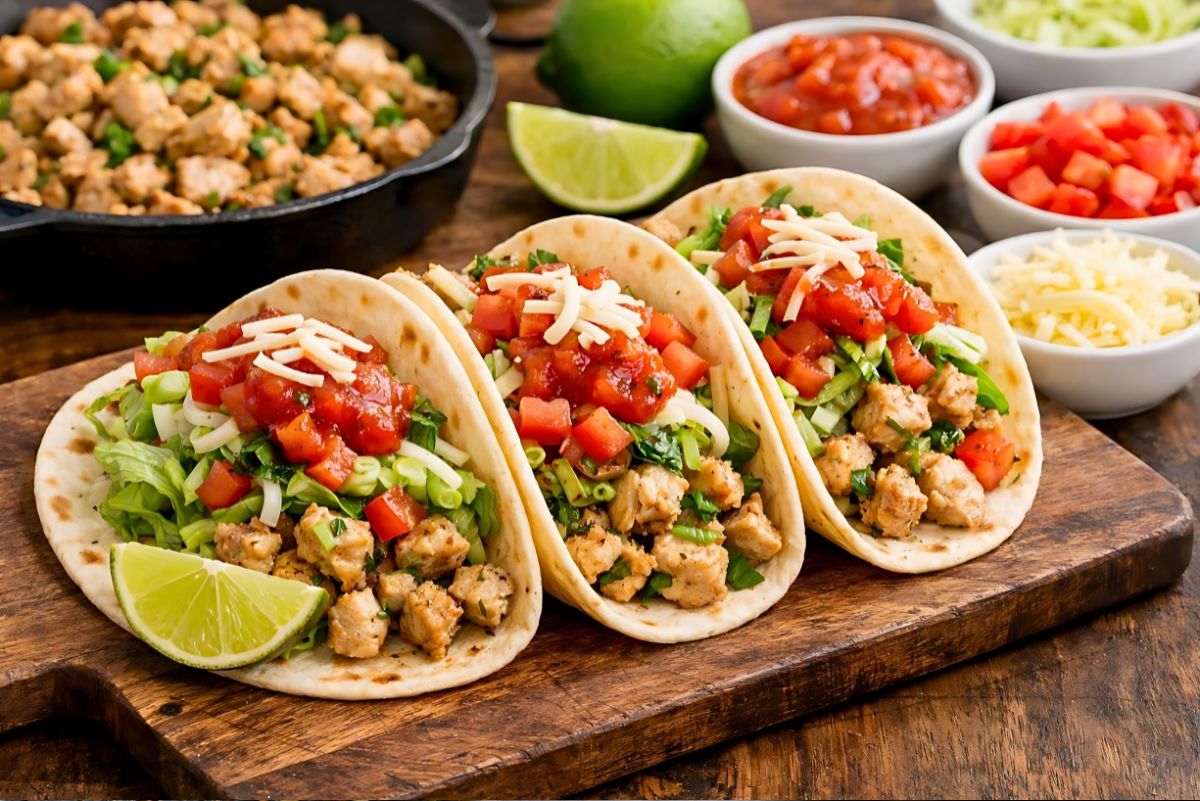 Three chicken tacos on a wooden board, filled with diced seasoned chicken, shredded lettuce, chopped green onions, diced tomatoes, salsa, and shredded cheese. Lime wedges sit in front, with bowls of taco toppings and a skillet of cooked chicken in the background.