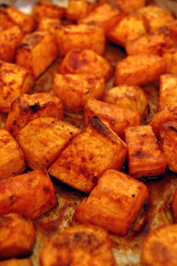 Weight Watchers Roasted Sweet Potatoes on a pan