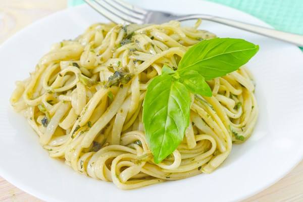 Linguine pasta with herbs on a plate