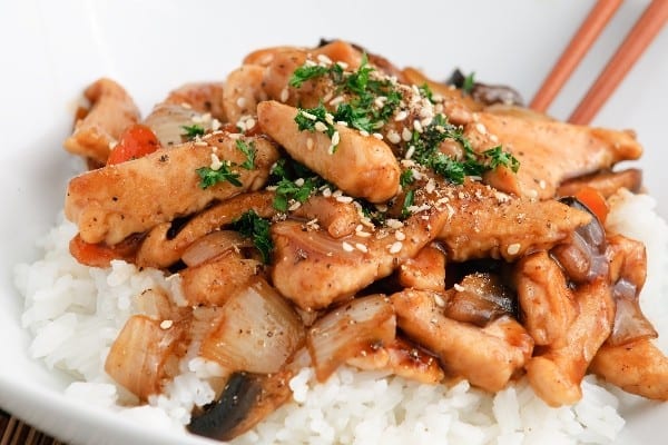 General Tso's Chicken on a bed of white rice