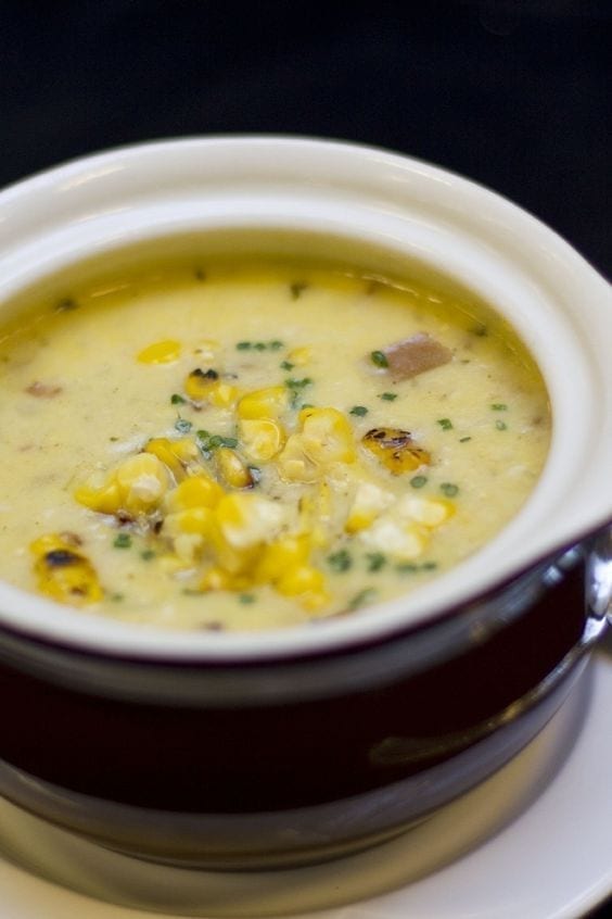 Weight Watchers Corn and Crab Bisque in a white bowl.