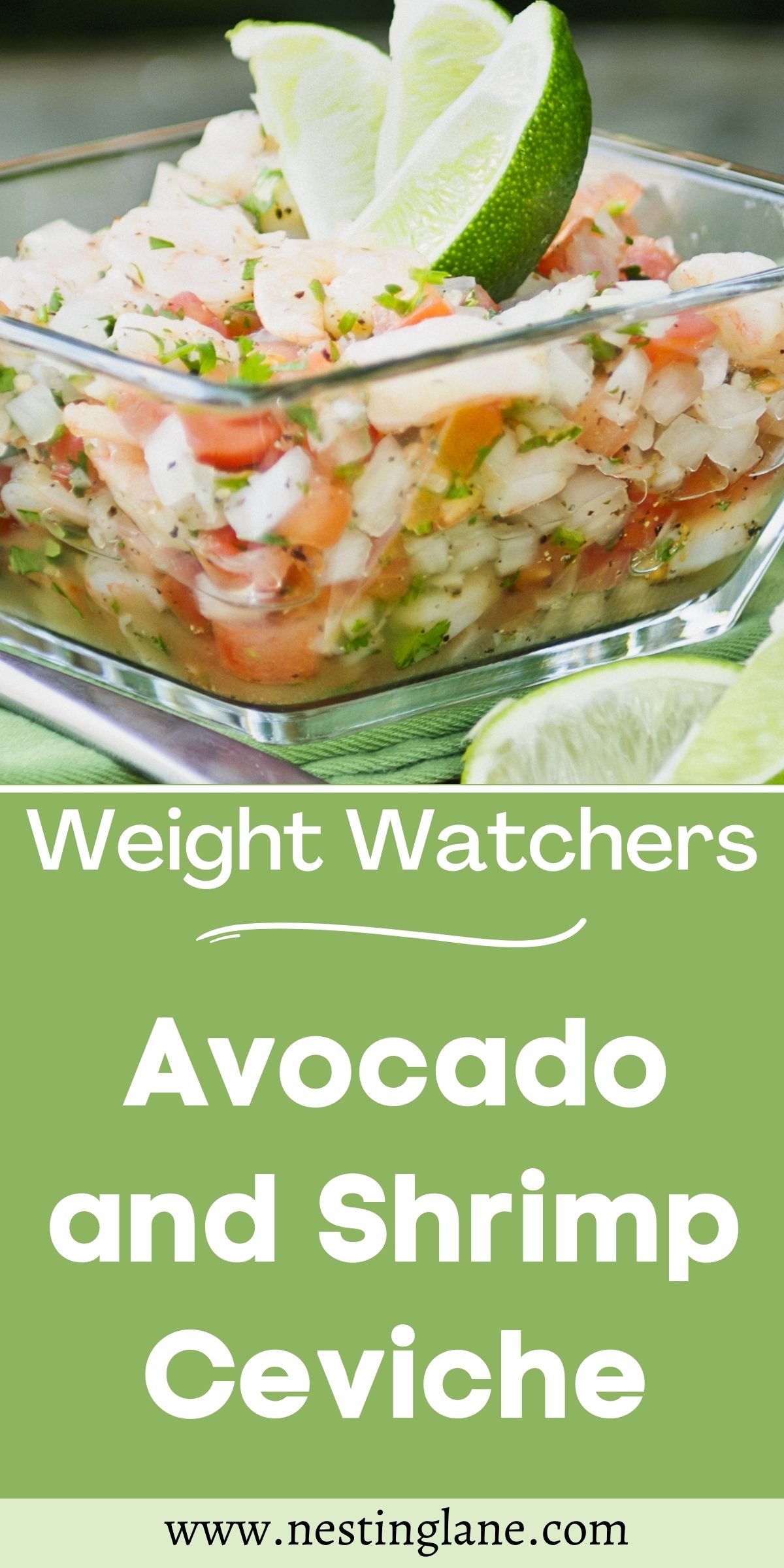 Graphic for Pinterest of Weight Watchers Avocado and Shrimp Ceviche Recipe.