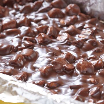 Closeup of Weight Watchers Chocolate Marshmallow Bark in a yellow baking dish.