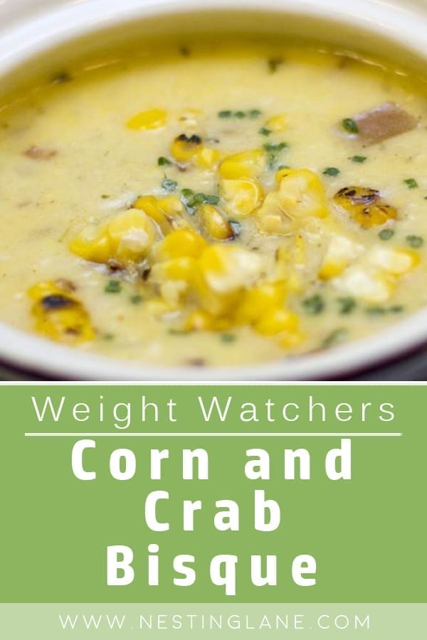 Graphic for Pinterest of Weight Watchers Corn and Crab Bisque Recipe.