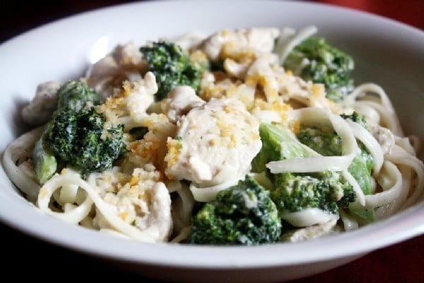 Weight Watchers Chicken Broccoli and Pasta in a white bowl