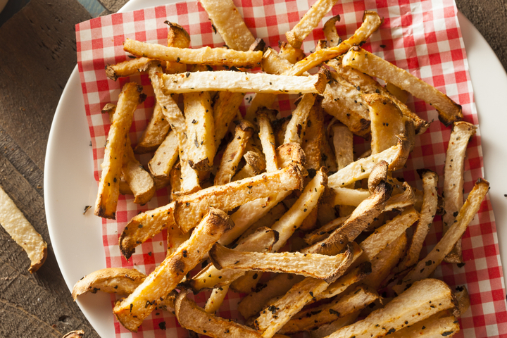 Weight Watchers Air-Fryer Jicama Fries on a white plate with a red and white checked napkin.