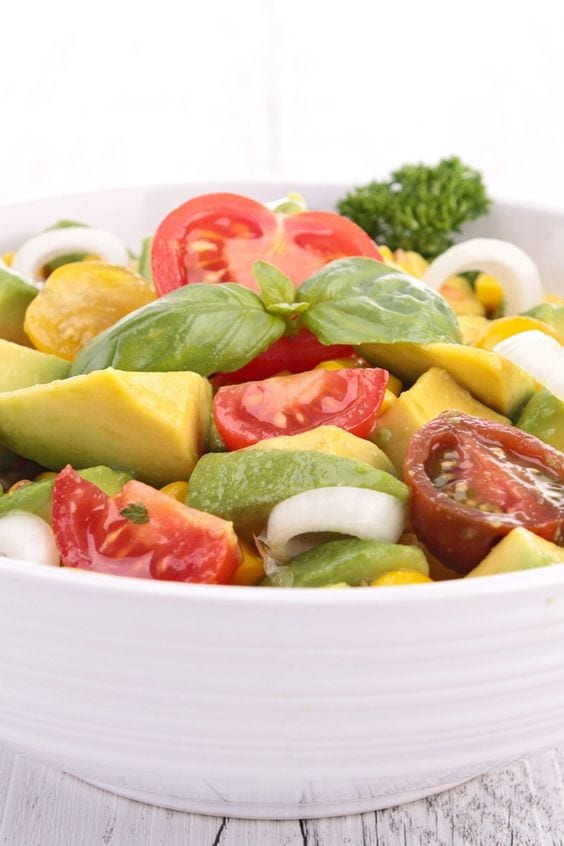 Weight Watchers Avocado Salad in a white bowl.