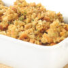 Closeup of Weight Watchers Homemade Stuffing in a white baking dish.