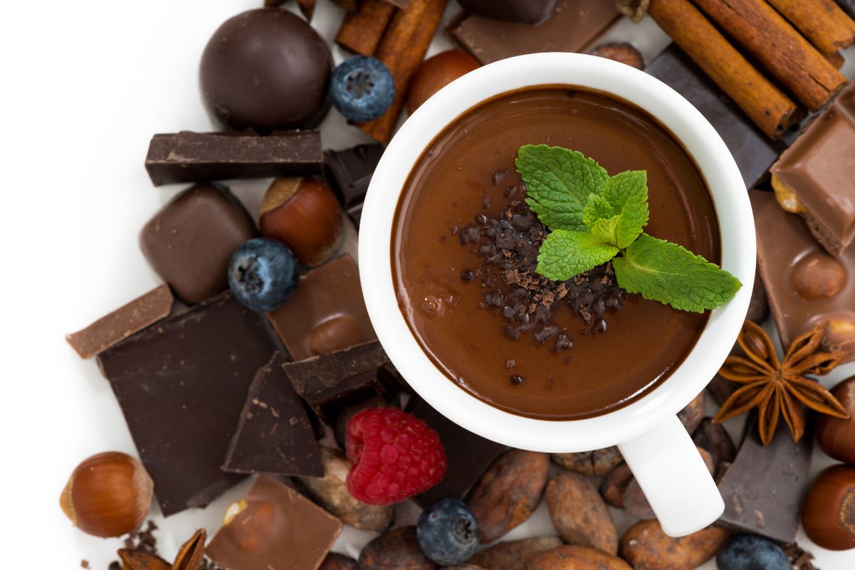 Overhead view of Weight Watchers Mint Hot Chocolate in white mug surrounded by chocolate.