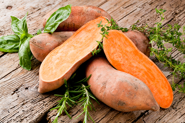 Sweet Potatoes on a cutting board