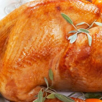 Closeup of a turkey on a platter