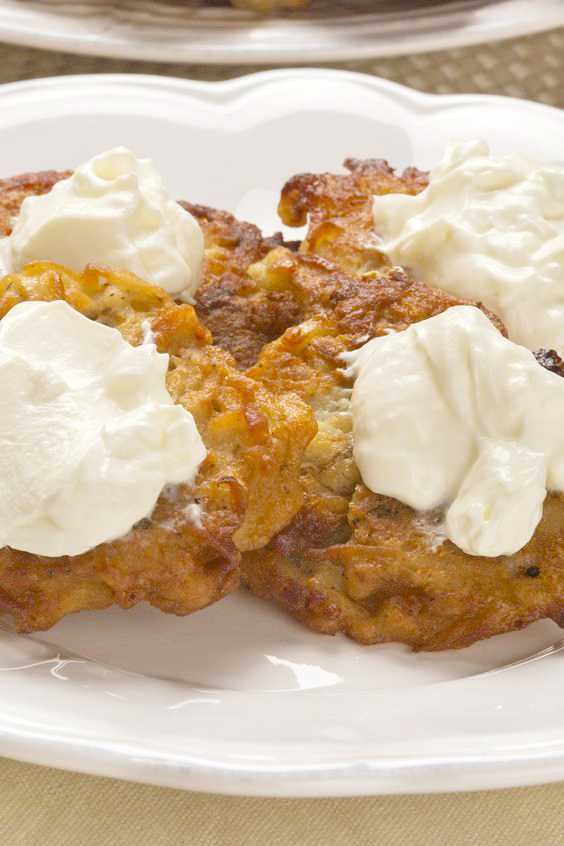 Closeup of Weight Watchers Apple and Potato Latkes on a white plate