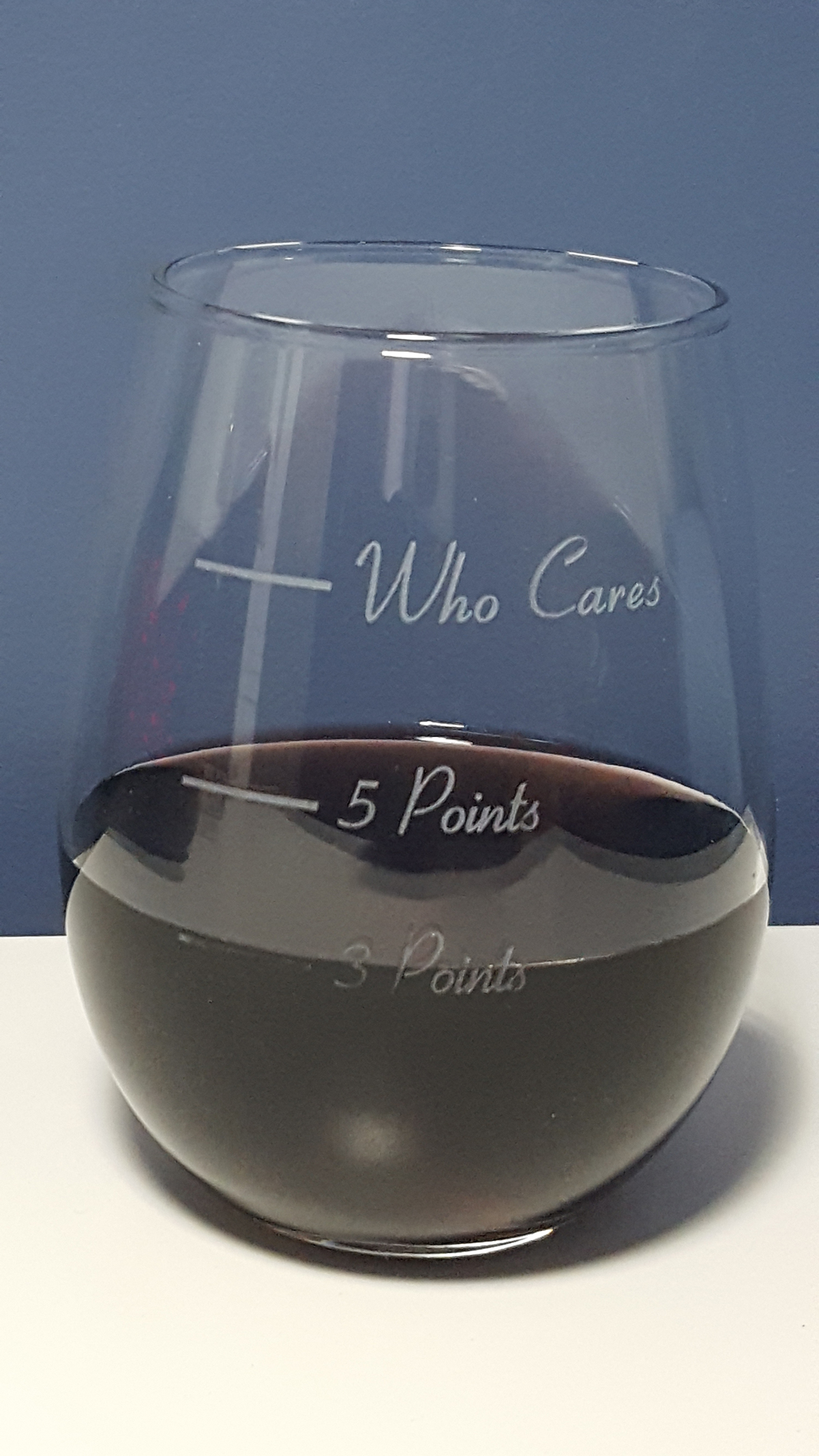 Portion Control Points Wine Glass for Weight Watchers filled to the 3 Points line with red liquid.