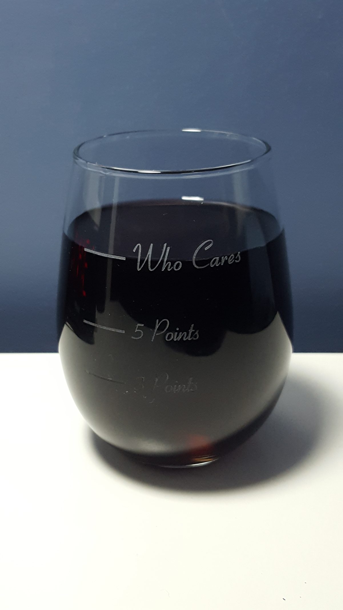 Portion Control Points Wine Glass for Weight Watchers filled to the who cares line with red liquid.