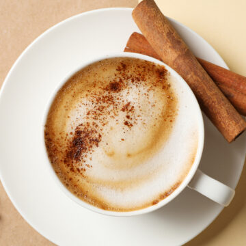 Weight Watchers Cinnamon Cappuccino in a white coffee cup with cinnamon sticks