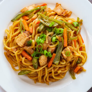 Weight Watchers Chinese Chicken lo Mein in a white dish.