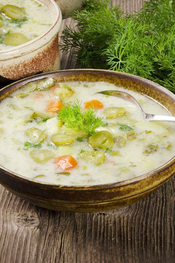 Weight Watchers Polish Dill Pickle Soup in a brown bowl.