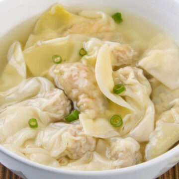 Closeup of Weight Watchers Wonton Soup in a white bowl