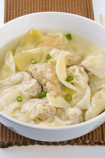 Closeup of Weight Watchers Wonton Soup in a white bowl