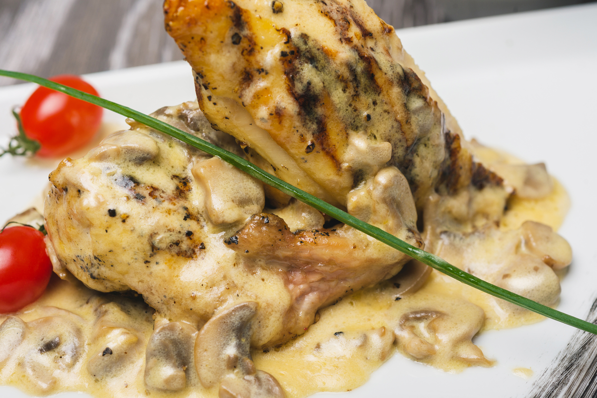 Weight Watchers Lemon Chicken with Mushrooms on a white plate.