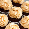 Closeup of Weight Watchers Mini Chocolate Cupcakes with Peanut Butter Frosting.