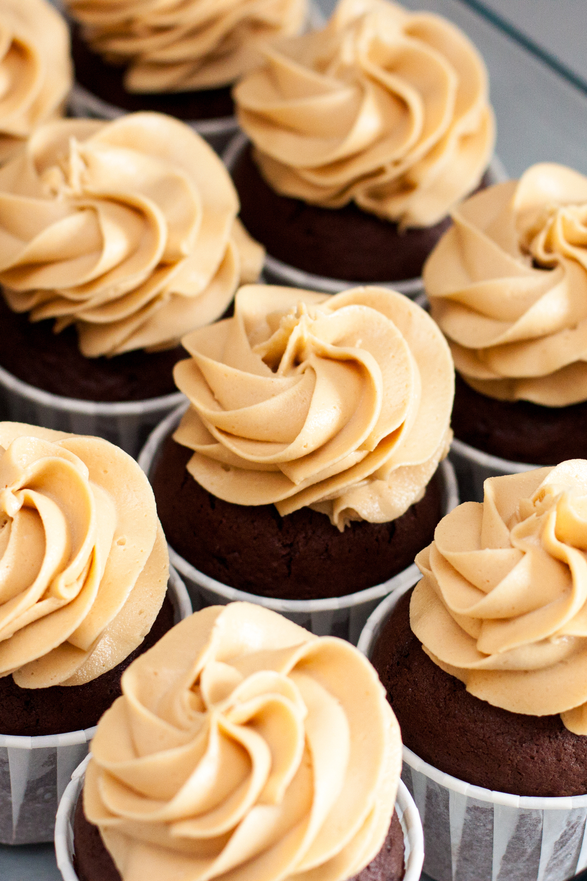 Closeup of Weight Watchers Mini Chocolate Cupcakes with Peanut Butter Frosting.