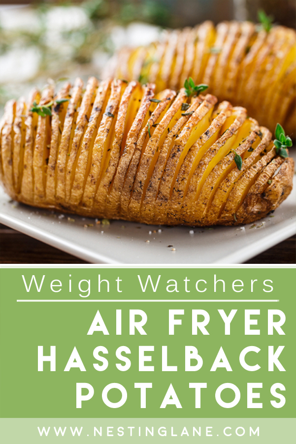 Graphic for Pinterest of WW Air Fryer Hasselback Potatoes Recipe.