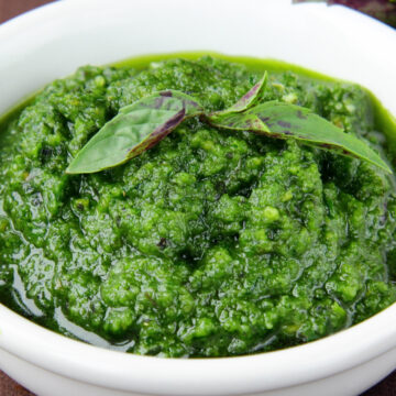 Weight Watchers Basil Pesto in a white bowl.