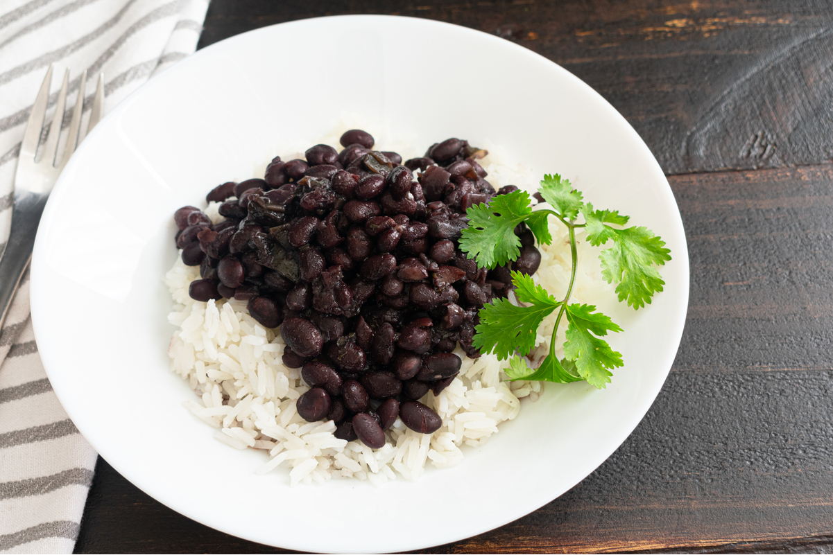Cuban Black Beans and Rice on a white plate.
