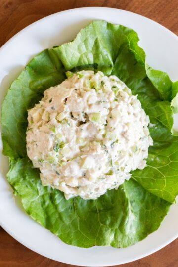 Closeup of Homemade Weight Watchers Chicken Salad on a bed of lettuce.