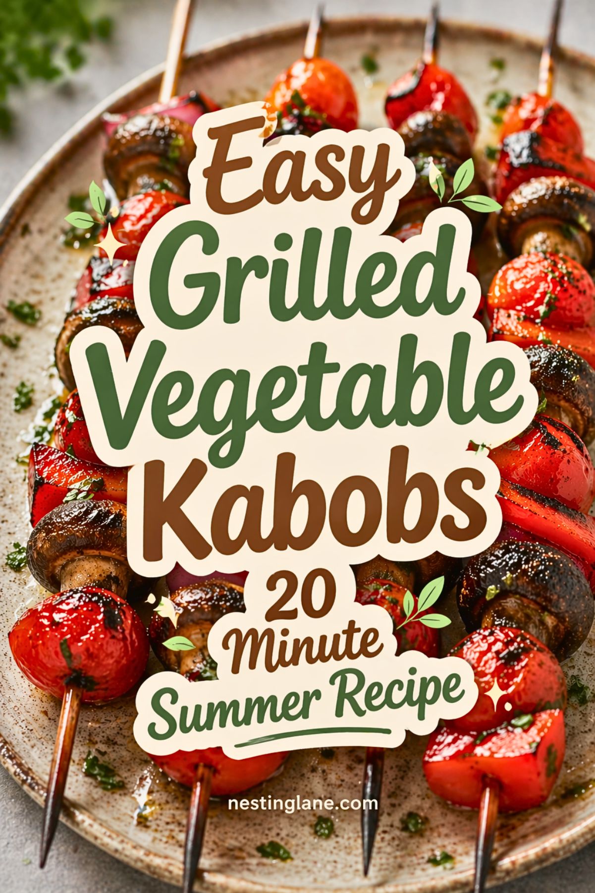Pinterest pin with grilled vegetable kabobs on skewers, including cherry tomatoes, mushrooms, red bell peppers, and red onion on a plate. Large overlay text reads “Easy Grilled Vegetable Kabobs” with smaller text “20 Minute Summer Recipe” and “nestinglane.com” at the bottom.