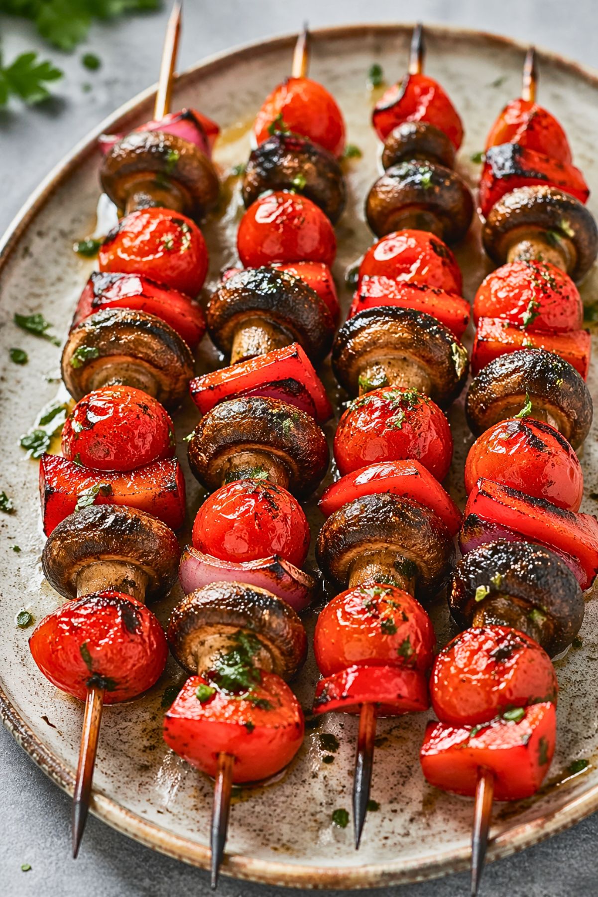 Grilled vegetable kabobs on a large plate with charred cremini mushrooms, cherry tomatoes, red bell pepper chunks, and red onion on skewers. The vegetables are glossy with oil and herbs, with light grill marks throughout. Perfect summer grilling recipe or healthy vegetable skewers.