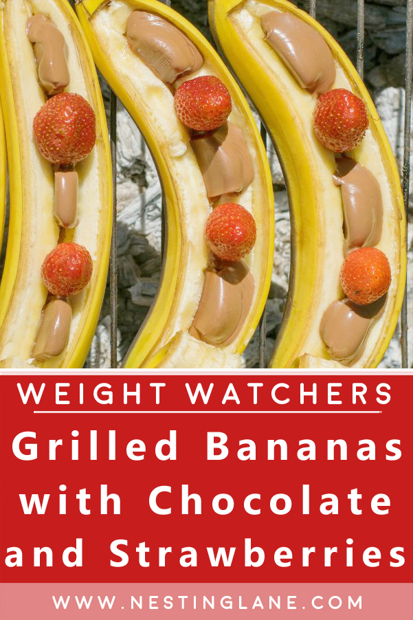 Graphic for Pinterest of Grilled Bananas with Chocolate and Strawberries Recipe.