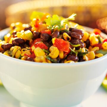 Easy Black Bean and Corn Salsa (Weight Watchers) in a white bowl on a white surface.